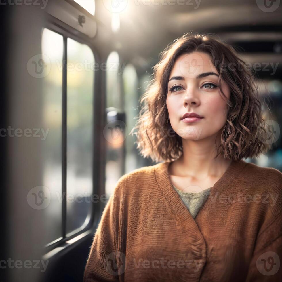 beautiful woman standing inside public bus transport, photo