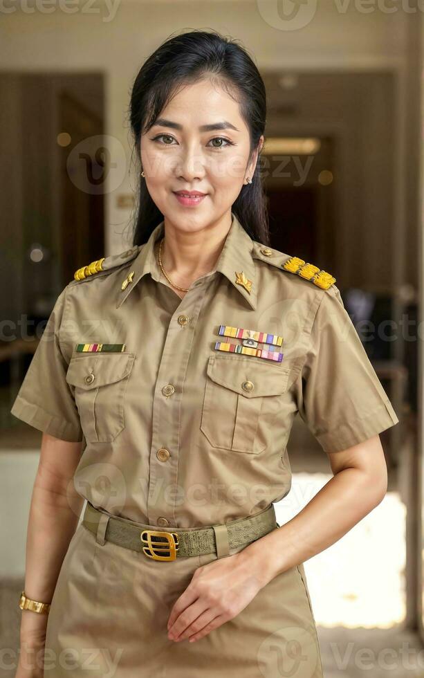 photo of middle aged asian woman in Thai teacher uniform, generative AI