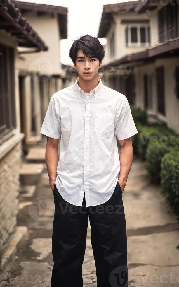 Thai people in thailand technical college uniform white shirt and pant, generative AI photo