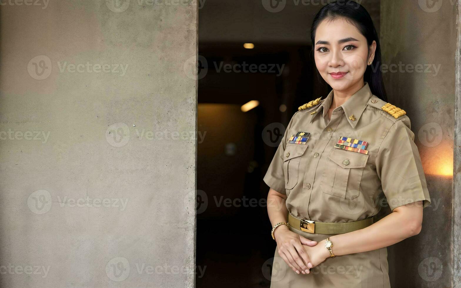 photo of middle aged asian woman in Thai teacher uniform, generative AI