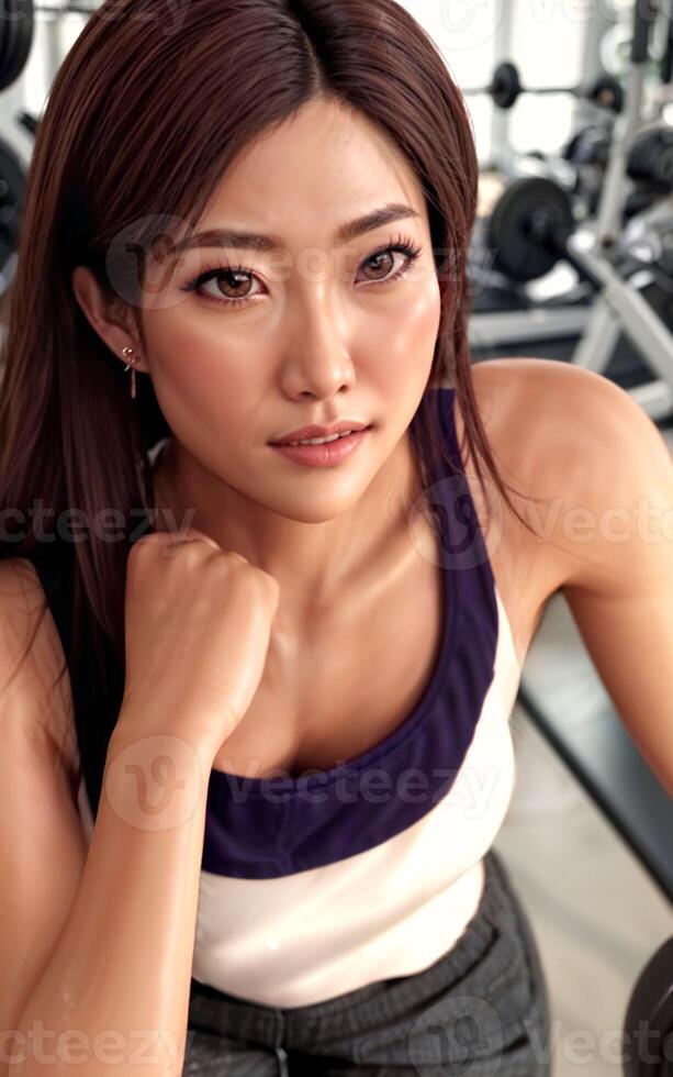 beautiful healthy asian woman at the gym, generative AI photo