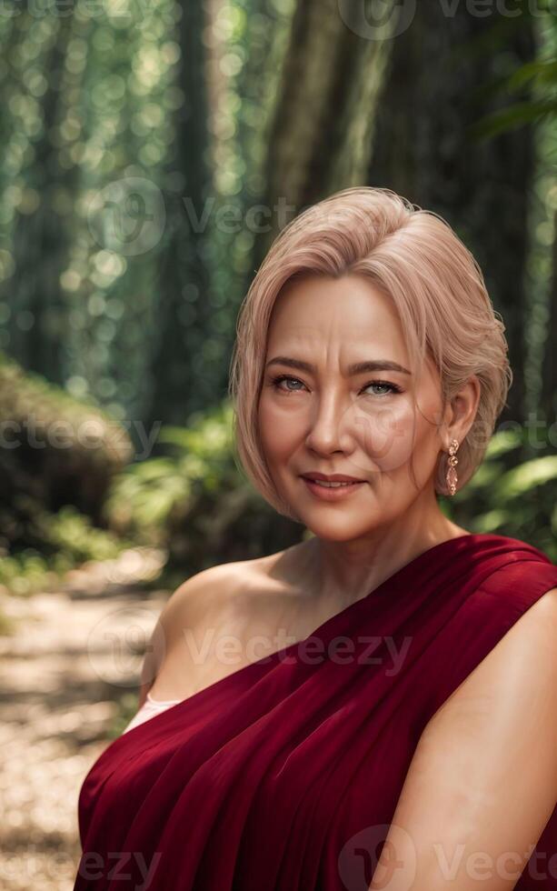 beautiful middle aged old lady woman at house with fresh green plant in background, photo
