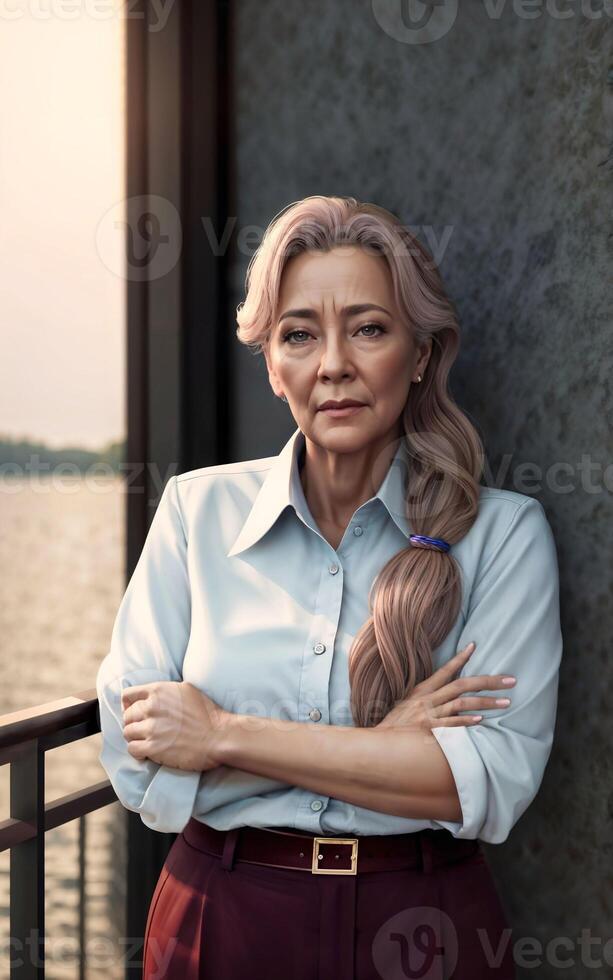 hermosa medio Envejecido antiguo dama mujer a casa con Fresco verde planta en fondo, generativo ai foto