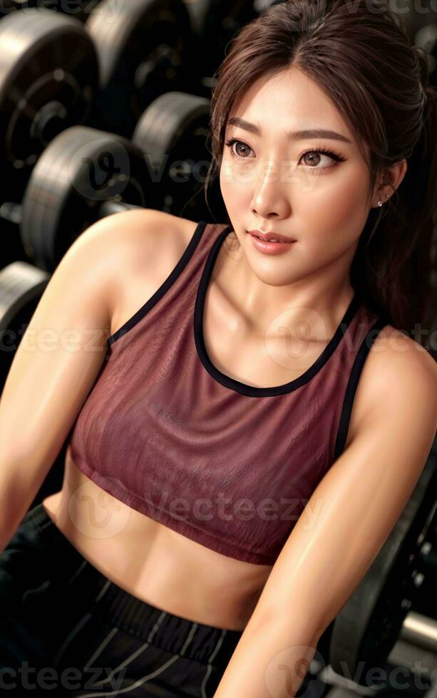 beautiful healthy asian woman at the gym, generative AI photo