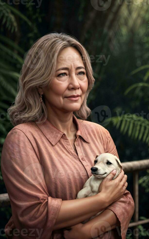 hermosa medio Envejecido antiguo dama mujer a casa con Fresco verde planta en fondo, generativo ai foto