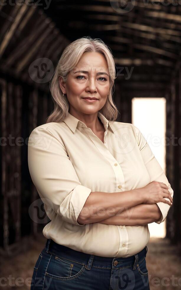 beautiful middle aged old lady woman at house with fresh green plant in background, photo
