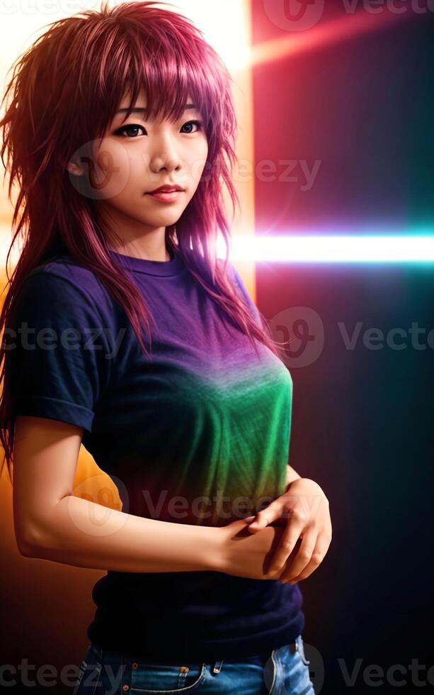 portrait photo of beautiful teenage asian woman with trending hairstyle in dark room with light in background, generative AI