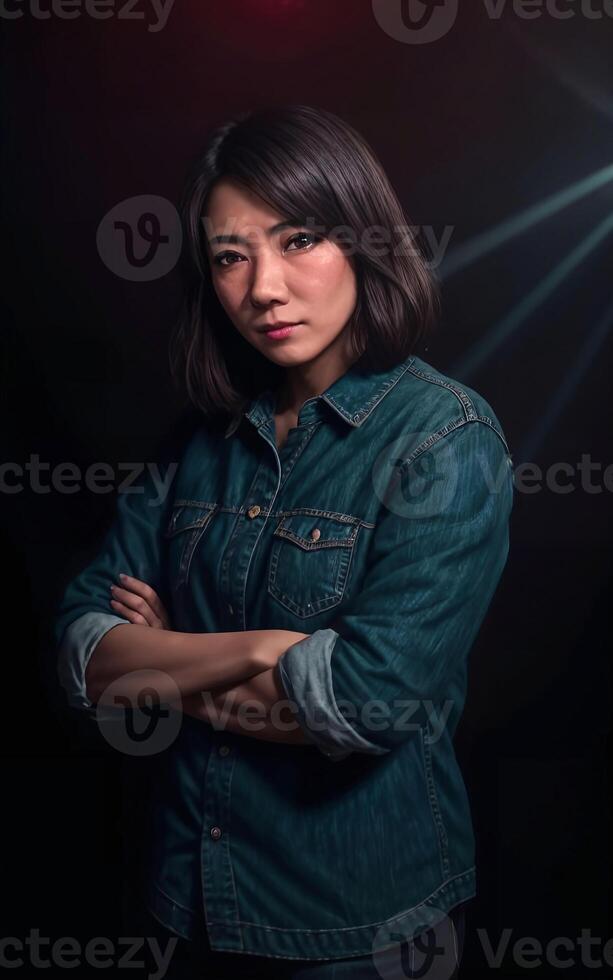 portrait photo of beautiful middle aged asian woman in dark room with light in background, generative AI