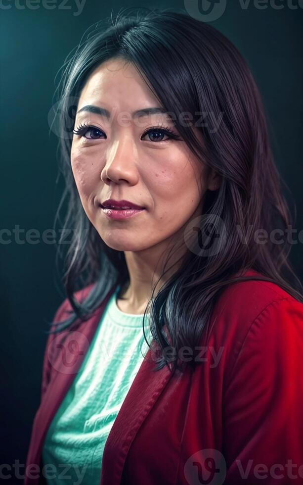portrait photo of beautiful middle aged asian woman in dark room with light in background,