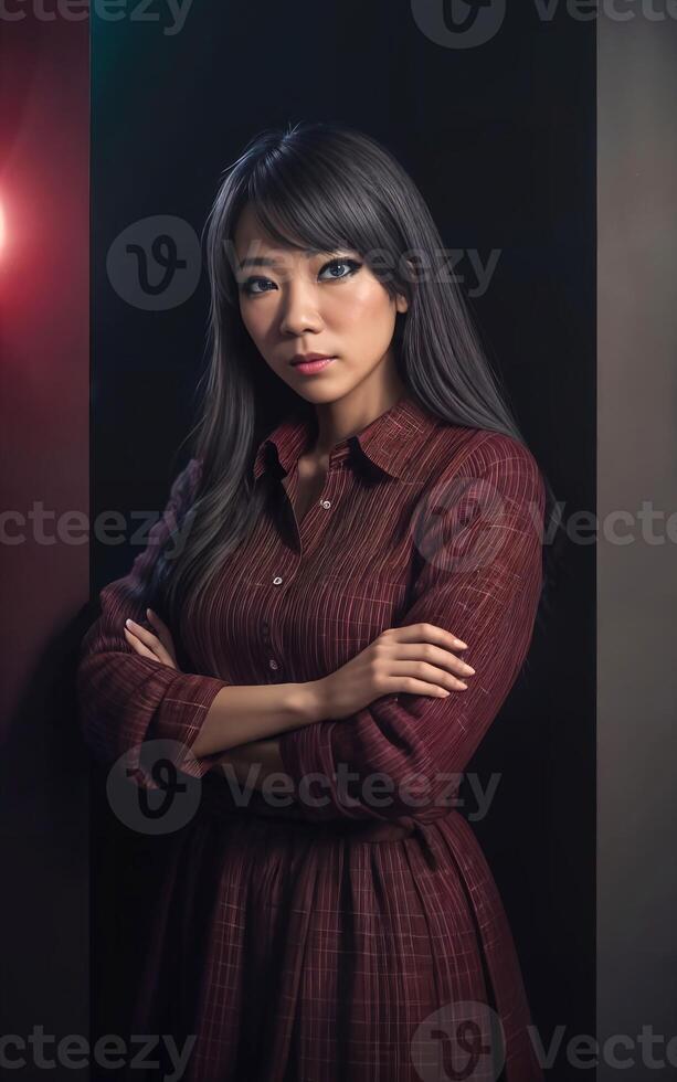 portrait photo of beautiful middle aged asian woman in dark room with light in background, generative AI