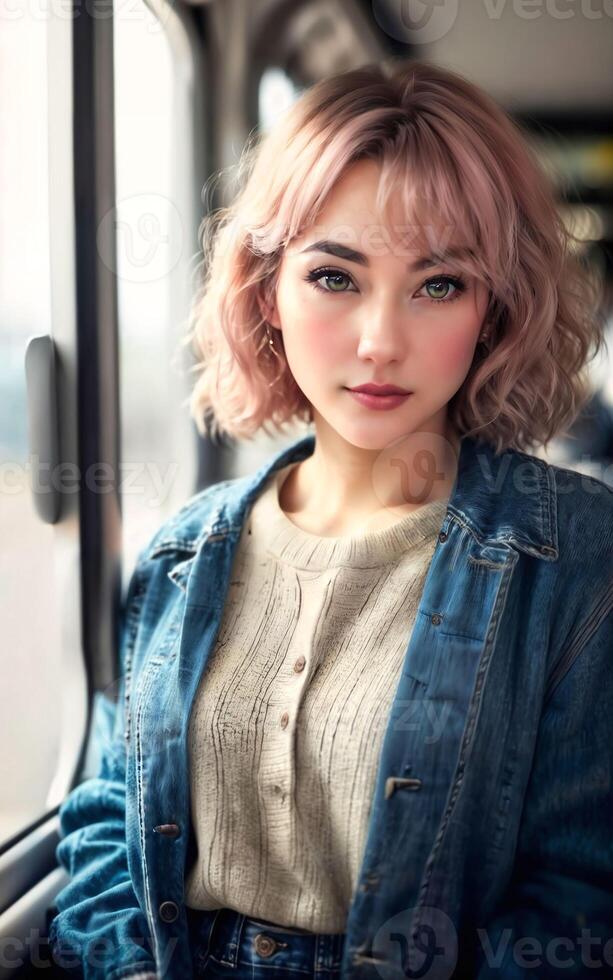 beautiful woman standing inside public bus transport, photo