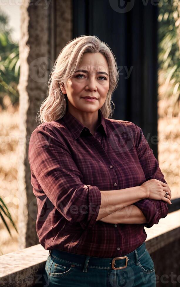 beautiful middle aged old lady woman at house with fresh green plant in background, photo