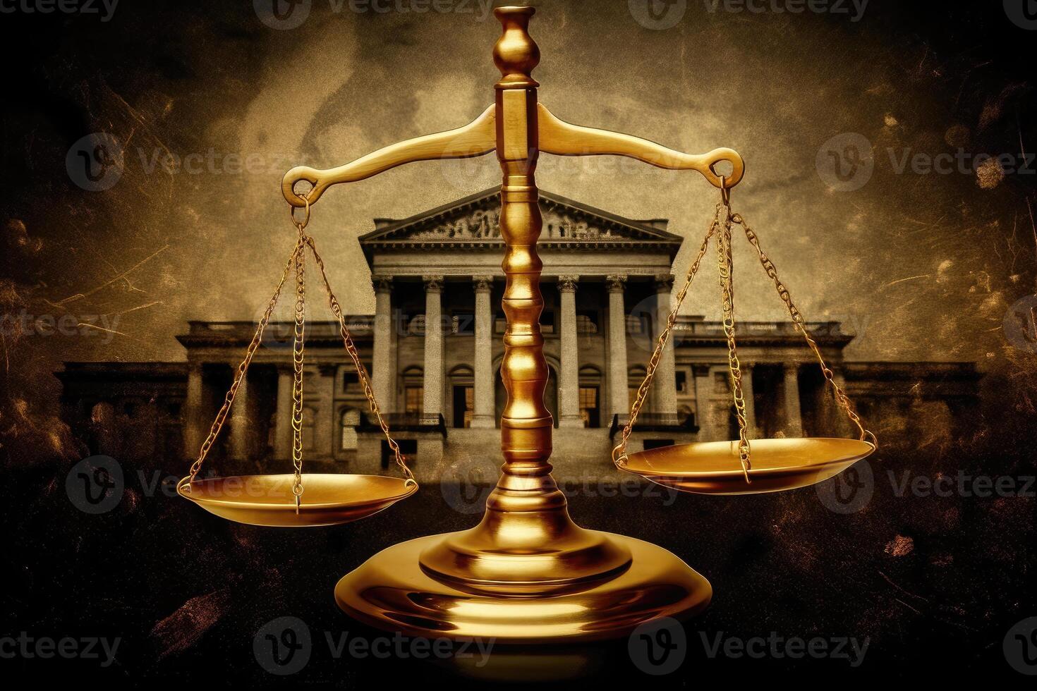 Justice scale and courthouse in grunge background, 3d illustration photo