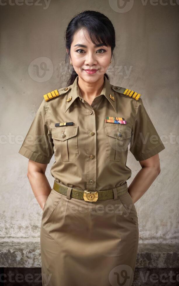 photo of middle aged asian woman in Thai teacher uniform,