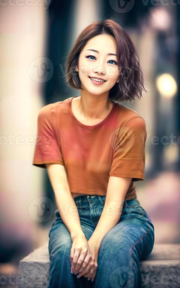 happy pretty asian woman at the street, photo