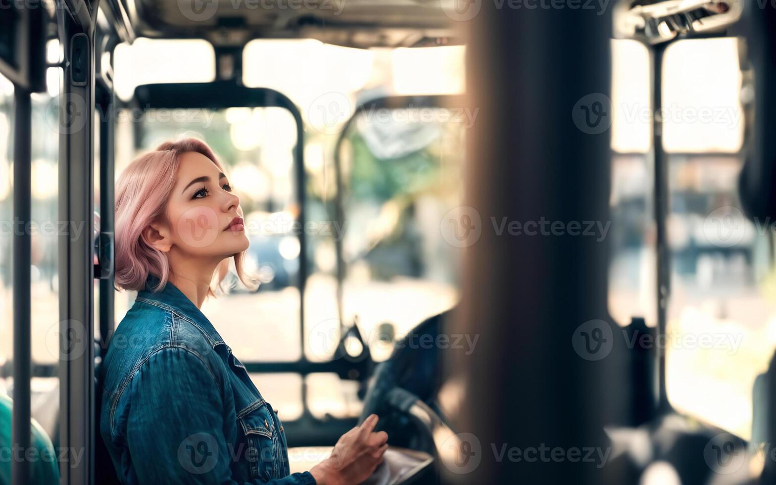 beautiful woman standing inside public bus transport, generative AI photo