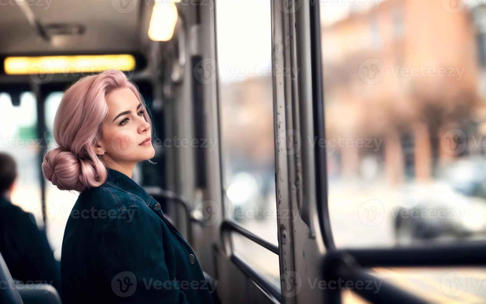 beautiful woman standing inside public bus transport, photo
