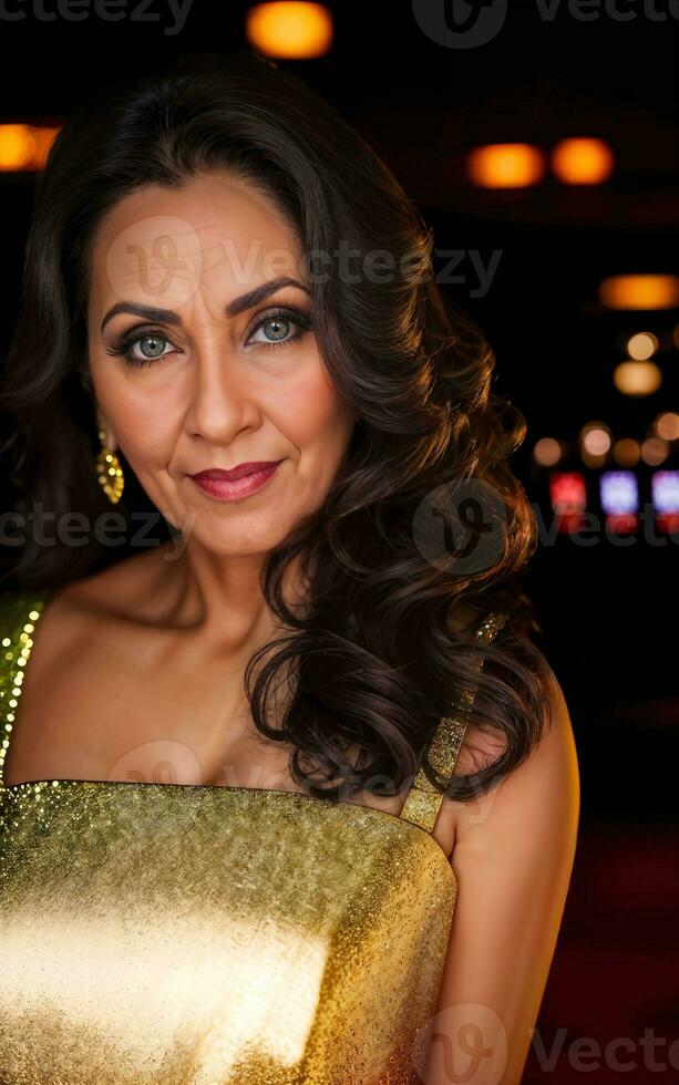 middle aged indian woman at luxury casino, generative AI photo