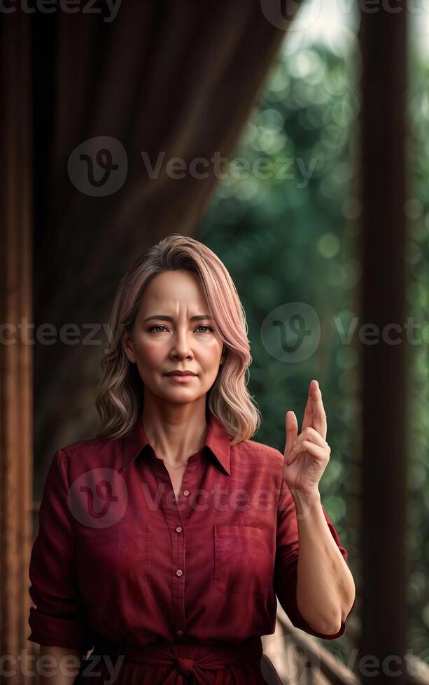 beautiful middle aged old lady woman at house with fresh green plant in background, photo