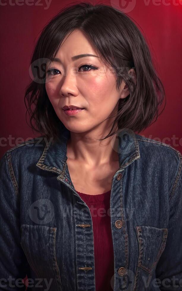 portrait photo of beautiful middle aged asian woman in dark room with light in background,