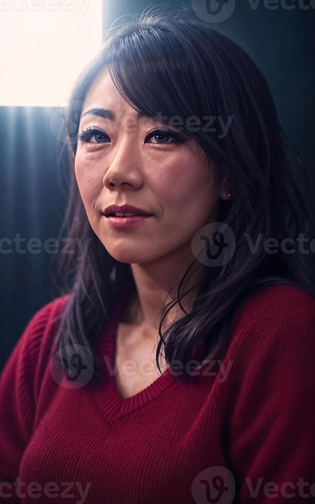 portrait photo of beautiful middle aged asian woman in dark room with light in background,
