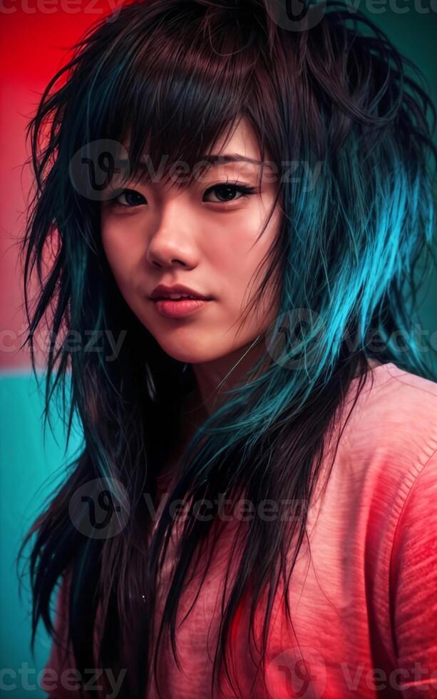 portrait photo of beautiful teenage asian woman with trending hairstyle in dark room with light in background,