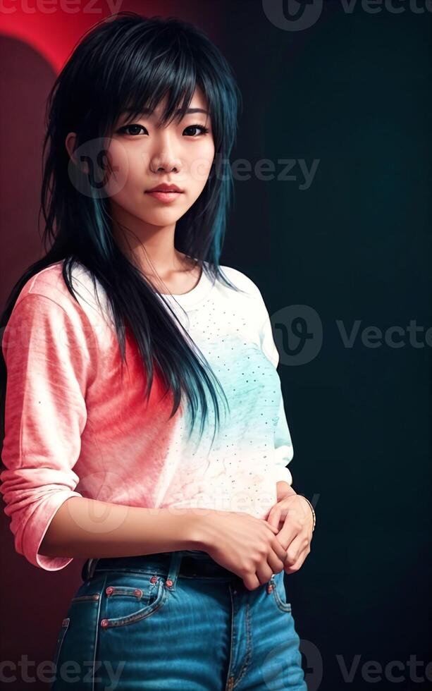 portrait photo of beautiful teenage asian woman with trending hairstyle in dark room with light in background,