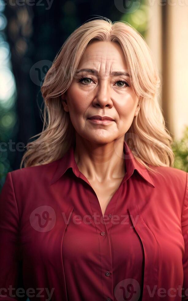 beautiful middle aged old lady woman at house with fresh green plant in background, photo