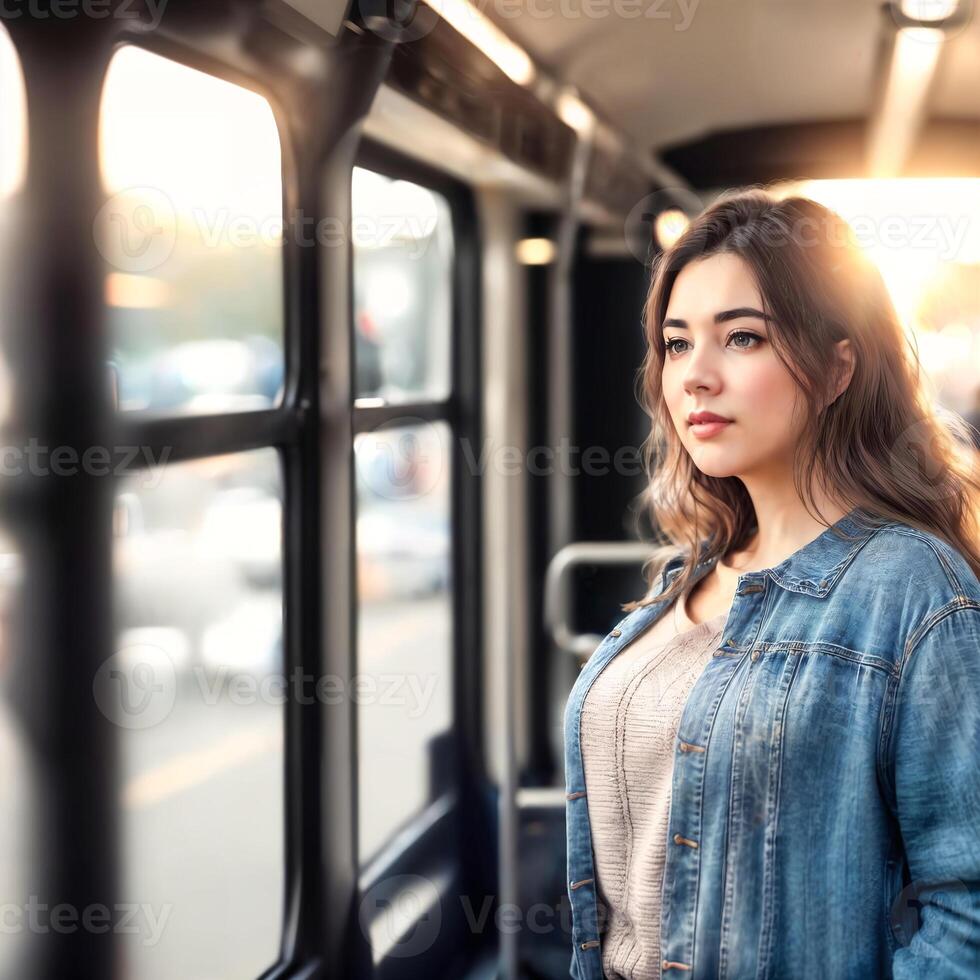 beautiful woman standing inside public bus transport, generative AI photo