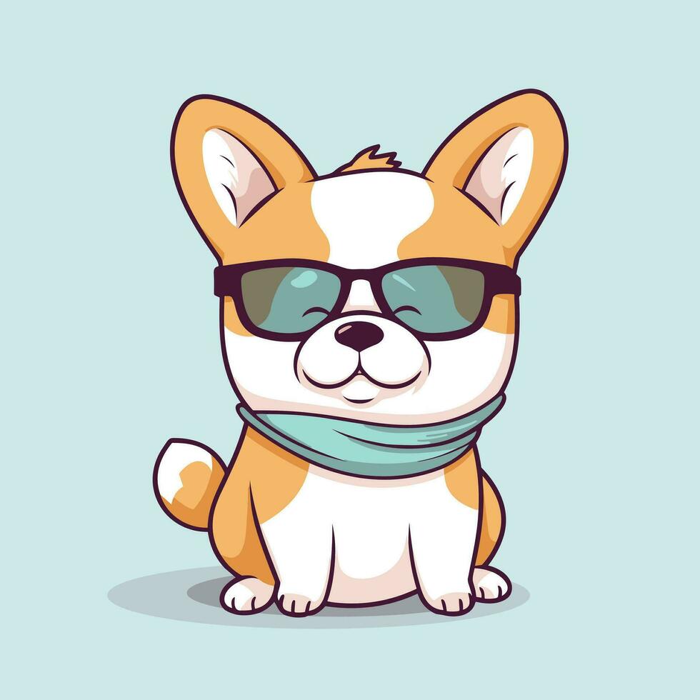 Cute corgi puppy sitting trendy with glasses, vector cartoon character.