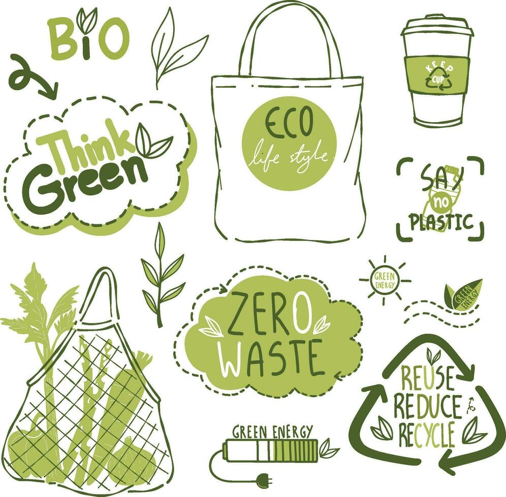 Hand draw   earth day elements concept zero waste and  eco life vector