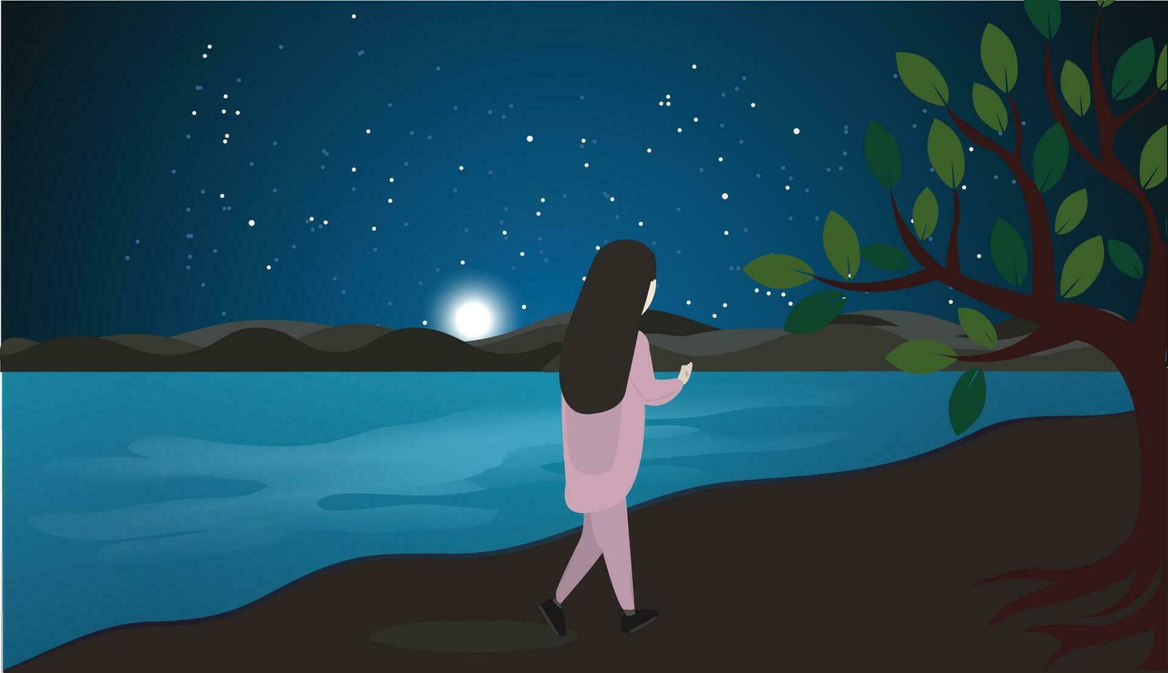 mujer es caminando lado de río. hermosa ver de noche con comienzo y Luna en el cielo. paisaje natural vista. vector
