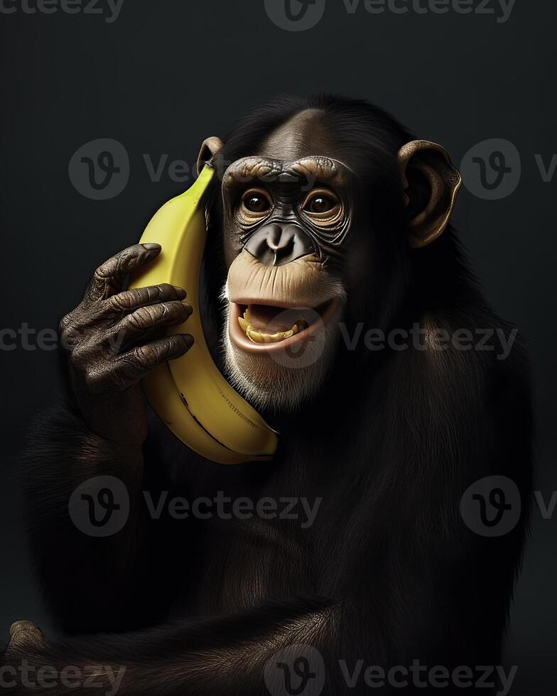 Chimpanzee phoning with banana - photo
