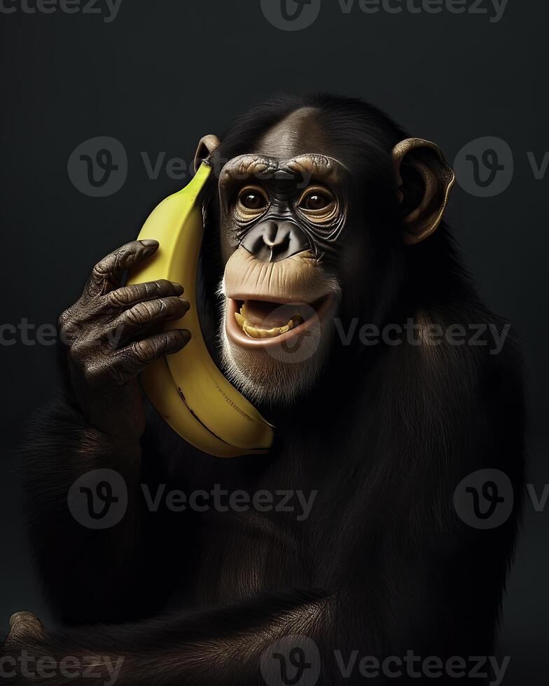 Chimpanzee phoning with banana - generative AI photo