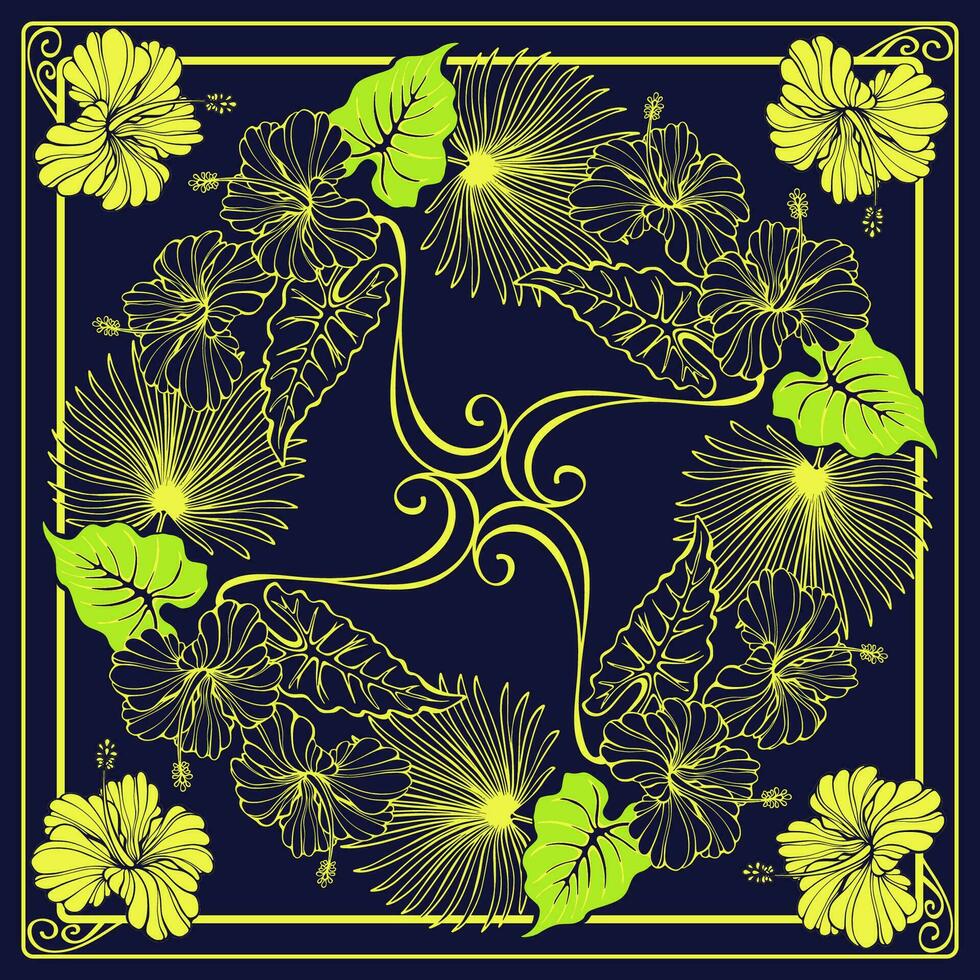 Botanical square pattern with tropical flowers and leaves. Bandana. Vector. vector