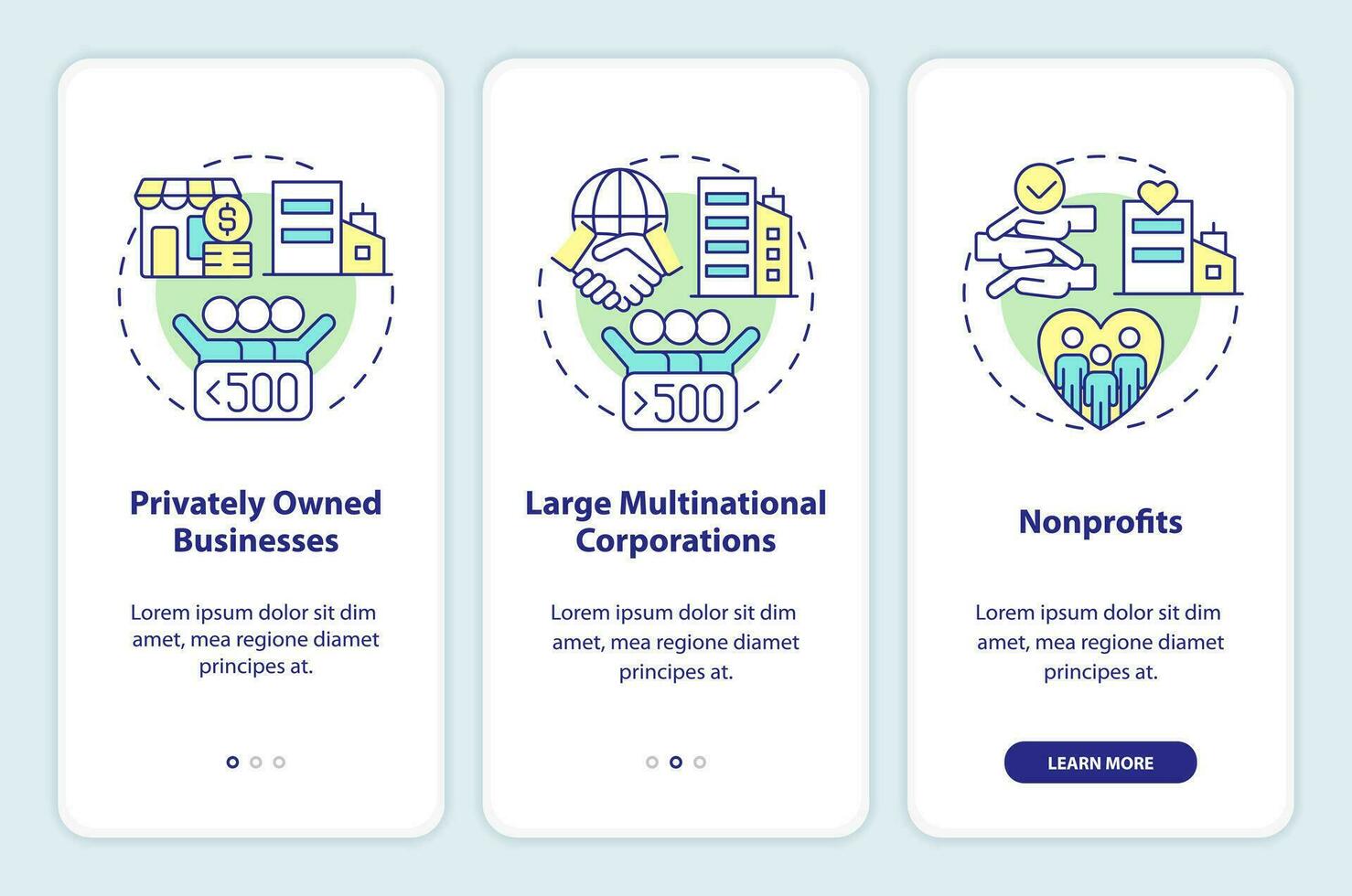 empresas en privado sector inducción móvil aplicación pantalla. recorrido 3 pasos editable gráfico instrucciones con lineal conceptos. ui, ux, gui plantilla vector