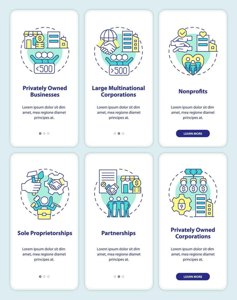 Types of private sector companies onboarding mobile app screens set. Walkthrough 3 steps editable graphic instructions with linear concepts. UI, UX, GUI templated vector