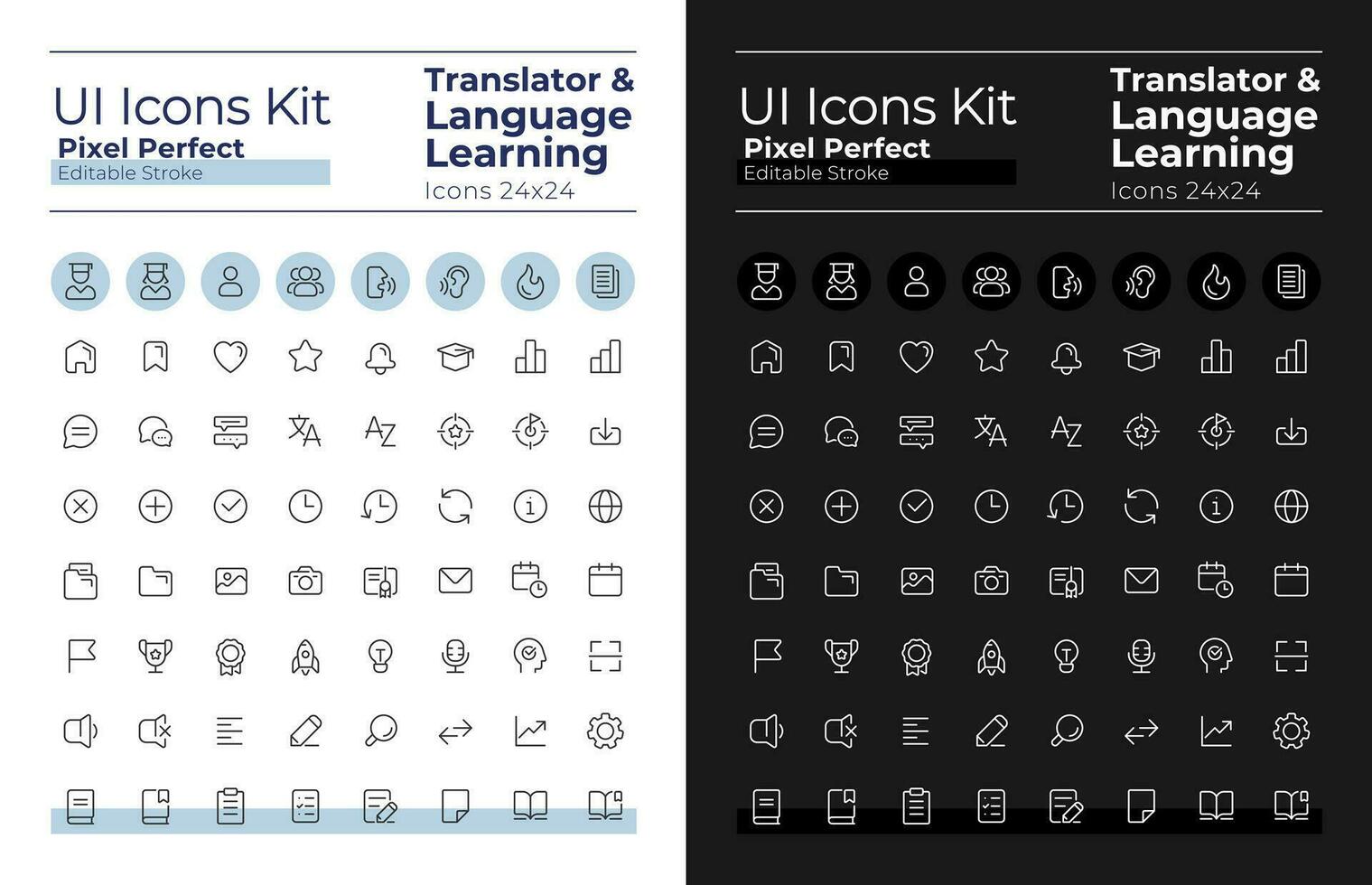 Translator pixel perfect linear ui icons set for dark, light mode. Language learning. Outline isolated user interface elements for night, day themes. Editable stroke vector