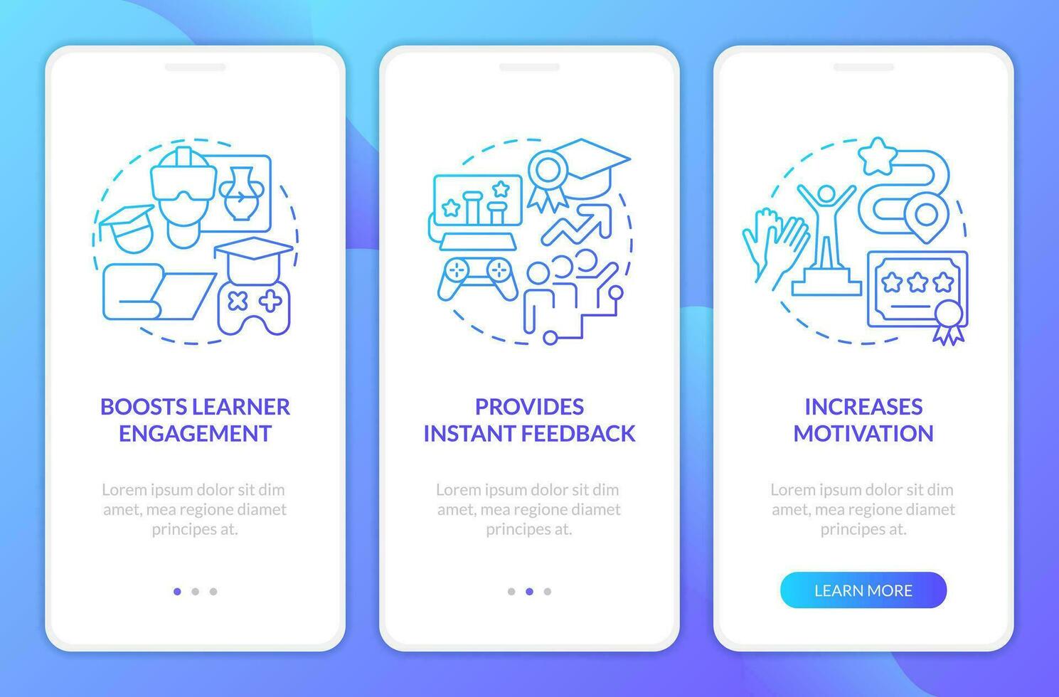 Gamification benefits in e learning blue gradient onboarding mobile app screen. Walkthrough 3 steps graphic instructions with linear concepts. UI, UX, GUI templated vector