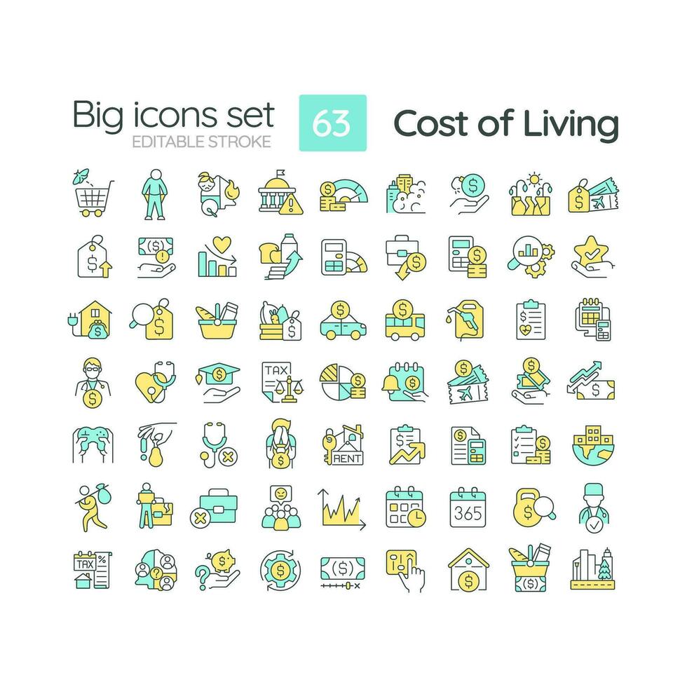 Cost of living RGB color icons set. Money expense. Price index. Basic need. Personal finance. Economic crisis. Isolated vector illustrations. Simple filled line drawings collection. Editable stroke