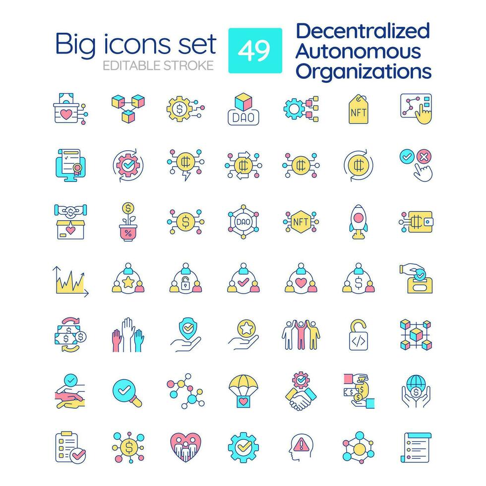 Decentralized autonomous organizations RGB color icons set. Internet technology in business. Innovations. Isolated vector illustrations. Simple filled line drawings collection. Editable stroke