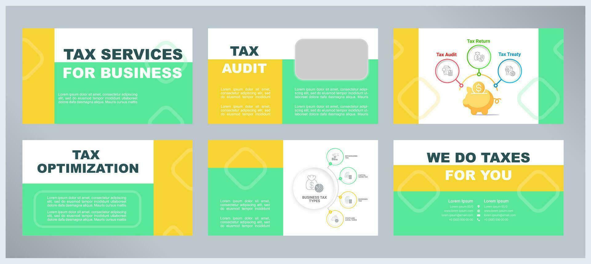 Tax services for business presentation templates set. Financial planning. Deduction optimization. Audit support. Ready made PPT slides on multicolor background. Graphic designd vector