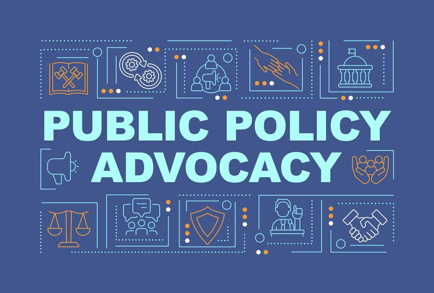 Public policy advocacy word concepts dark blue banner. Infographics with editable icons on color background. Isolated typography. Vector illustration with text
