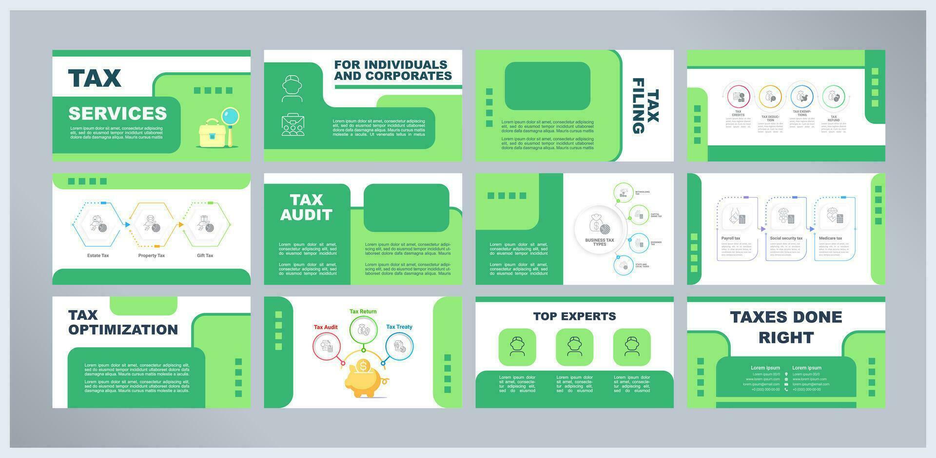 impuesto servicios presentación plantillas colocar. contabilidad soluciones auditoría apoyo. financiero consultivo. consultante firme. Listo hecho ppt diapositivas en verde y blanco antecedentes. gráfico diseñado vector