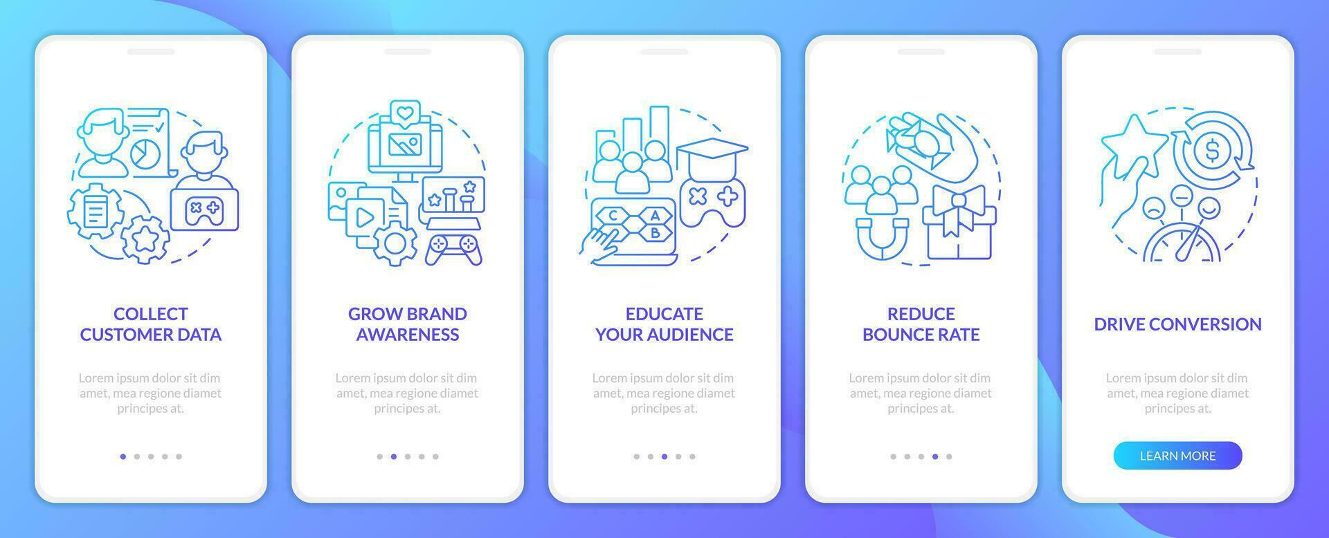 Digital marketing gamification pros blue gradient onboarding mobile app screen. Walkthrough 5 steps graphic instructions with linear concepts. UI, UX, GUI templated vector