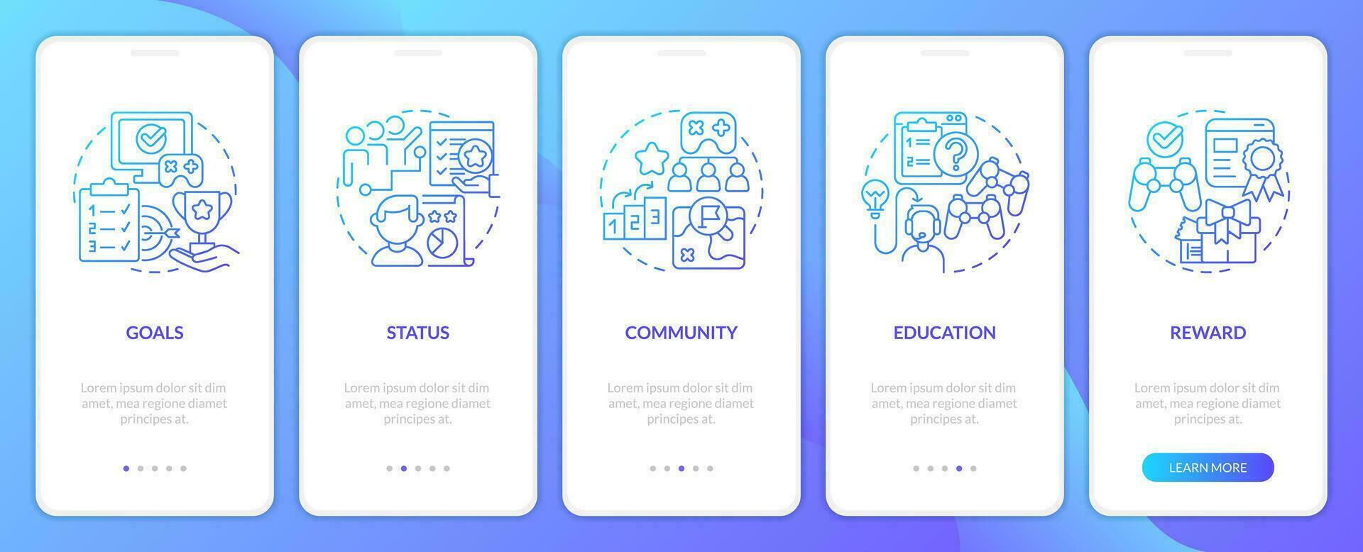 Game mechanics in gamification blue gradient onboarding mobile app screen. Walkthrough 5 steps graphic instructions with linear concepts. UI, UX, GUI templated vector