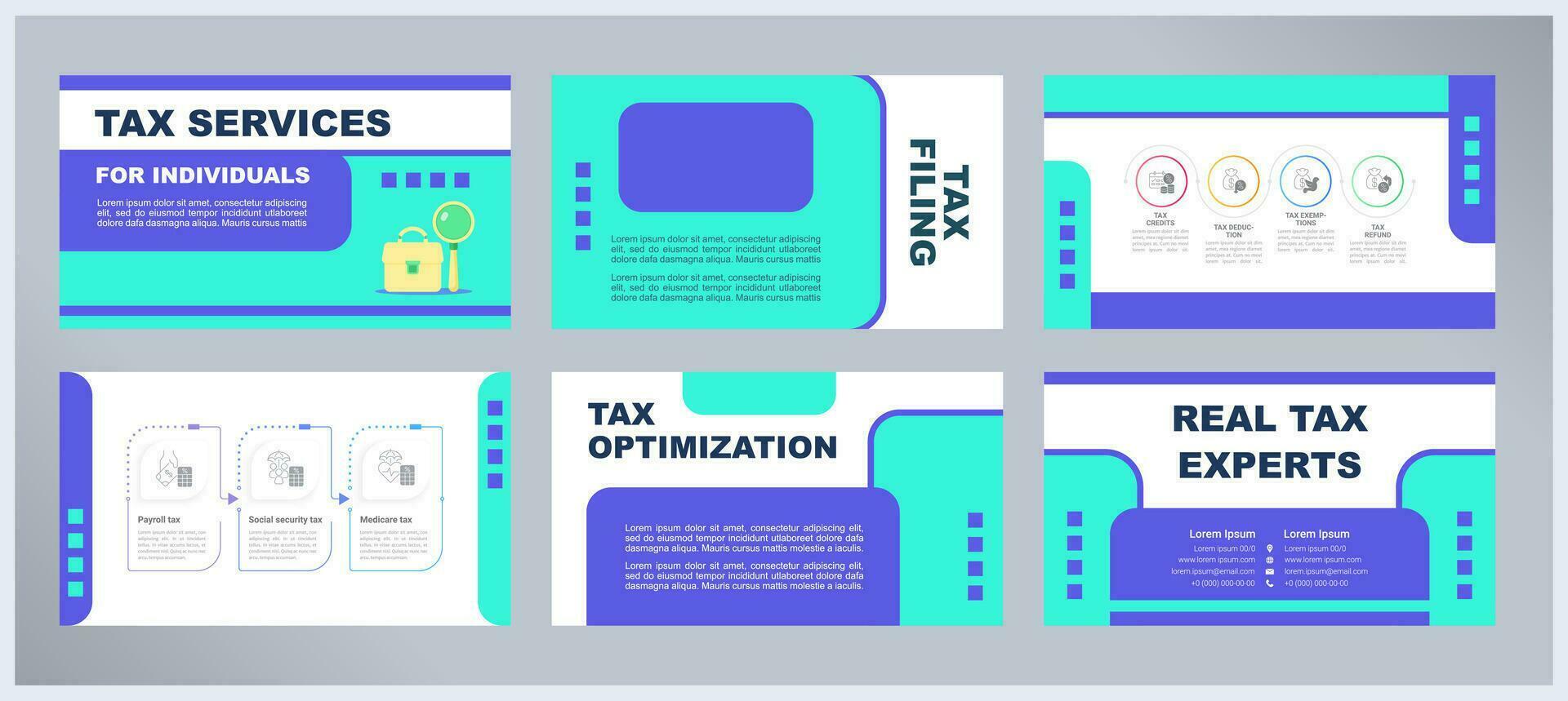 Tax services for individuals presentation templates set. Professional accountant. Bookkeeping business. Ready made PPT slides on blue and white background. Graphic designd vector