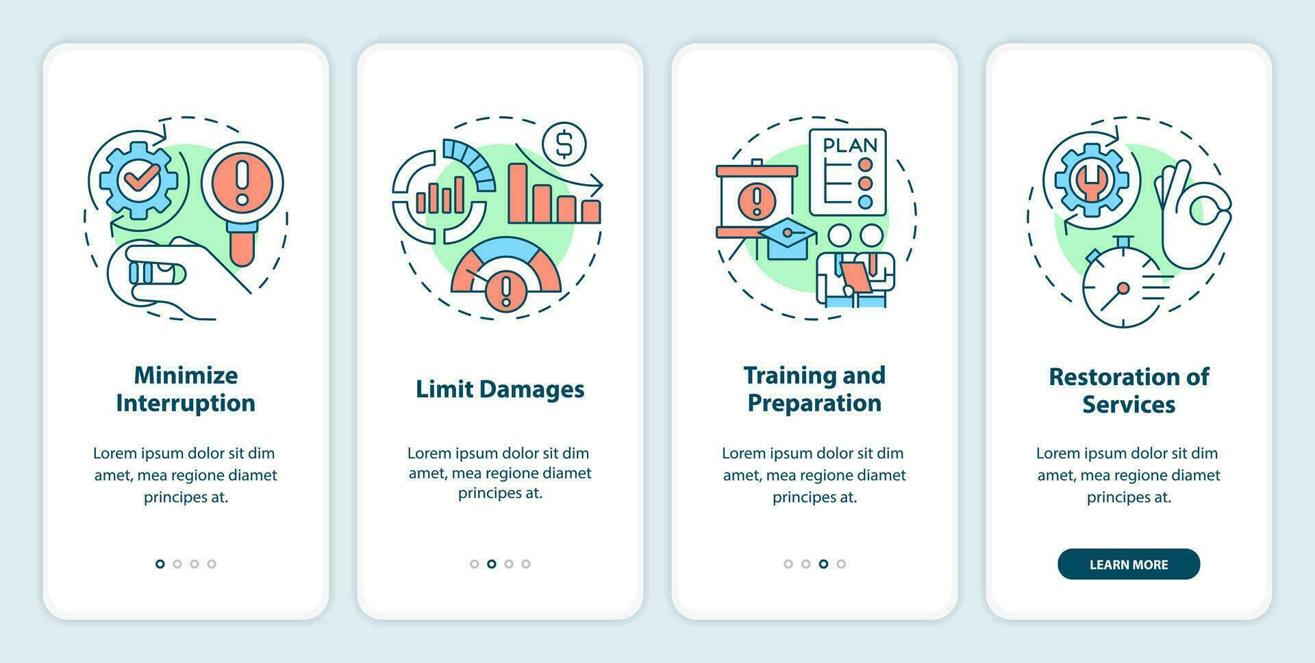 Disaster recovery plan benefits onboarding mobile app screen. Walkthrough 4 steps editable graphic instructions with linear concepts. UI, UX, GUI templated vector