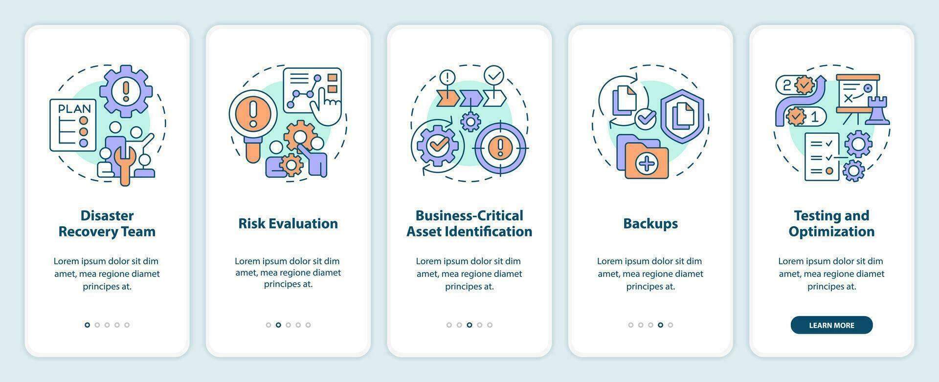 Effective disaster recovery plan onboarding mobile app screen. Walkthrough 5 steps editable graphic instructions with linear concepts. UI, UX, GUI templated vector