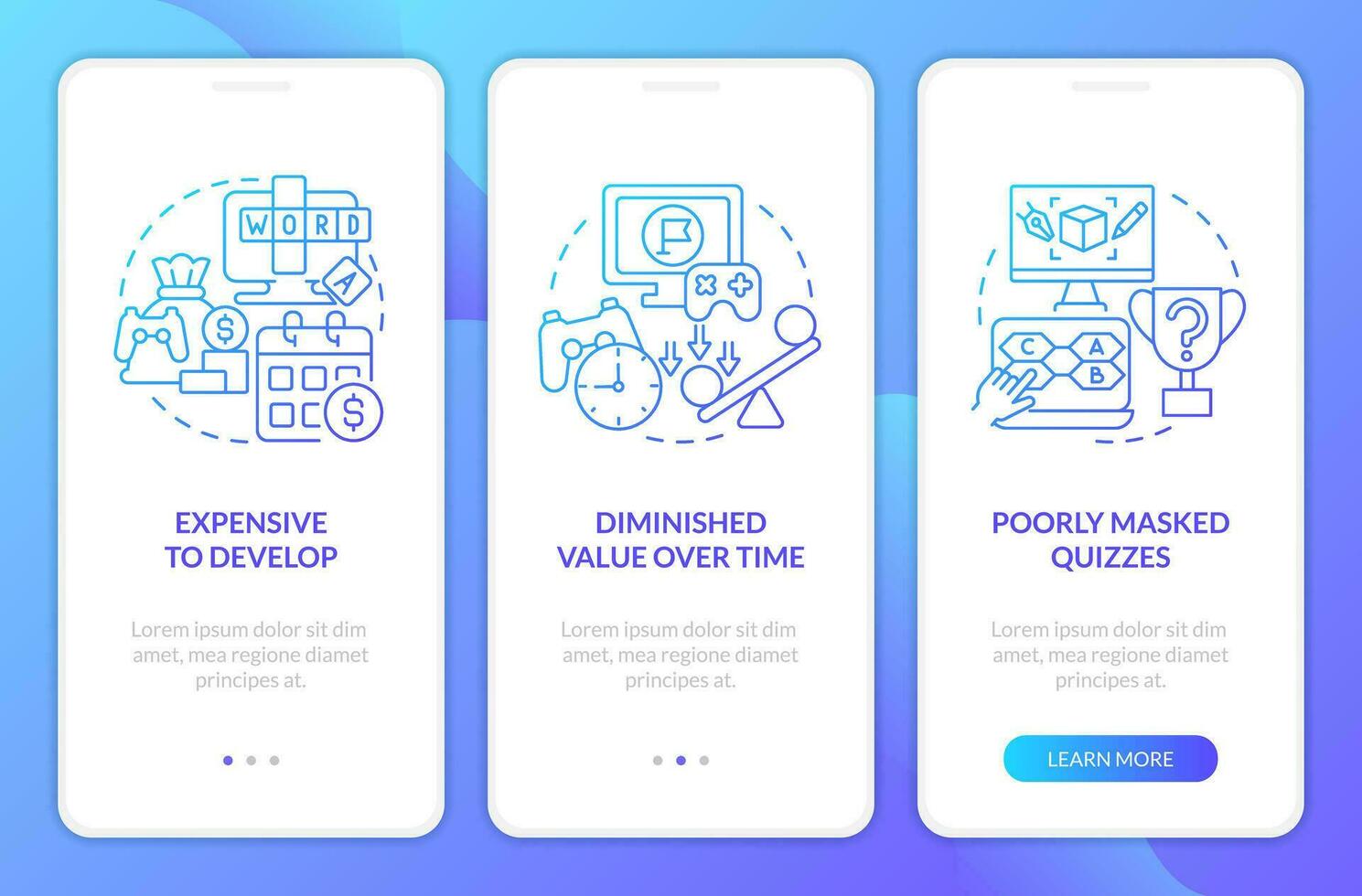 Gamification cons in e learning blue gradient onboarding mobile app screen. Walkthrough 3 steps graphic instructions with linear concepts. UI, UX, GUI templated vector